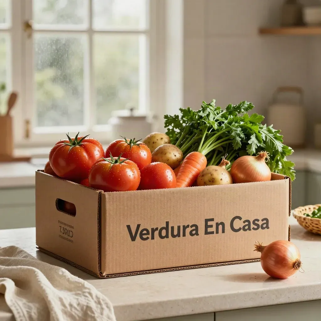 Caja de verduras mixtas abierta con tomates, patatas, zanahorias y hojas verdes sobre piedra clara.