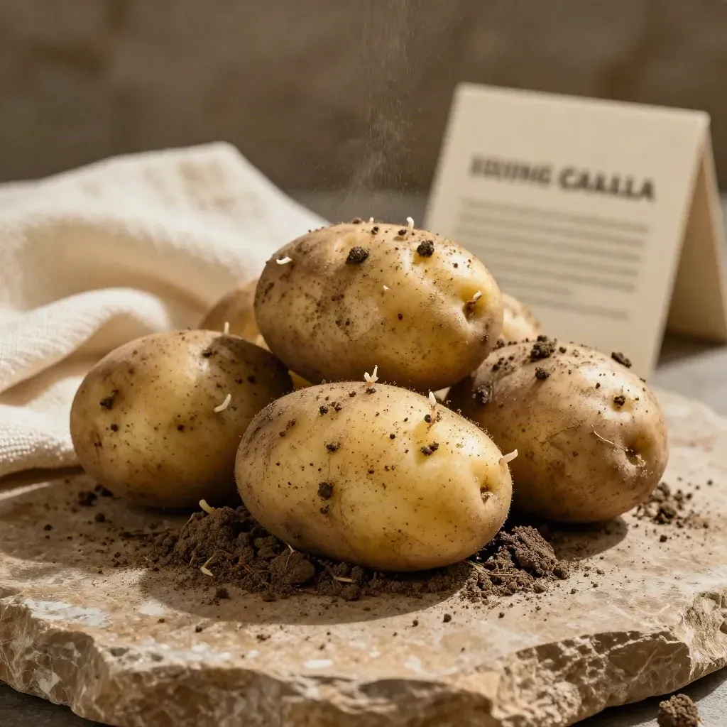 Patatas nuevas de Galicia con tierra y lino sobre piedra cálida.