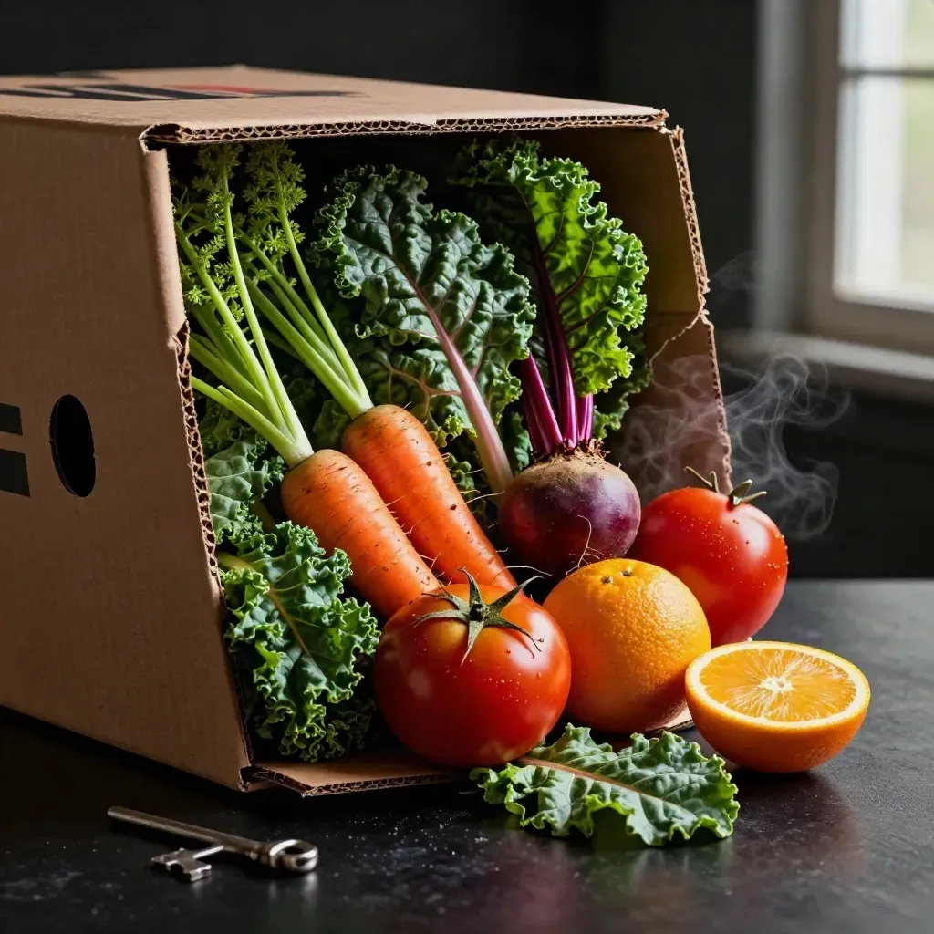 Caja de temporada rebosante de verduras, tomates y cítricos sobre fondo oscuro dramático.