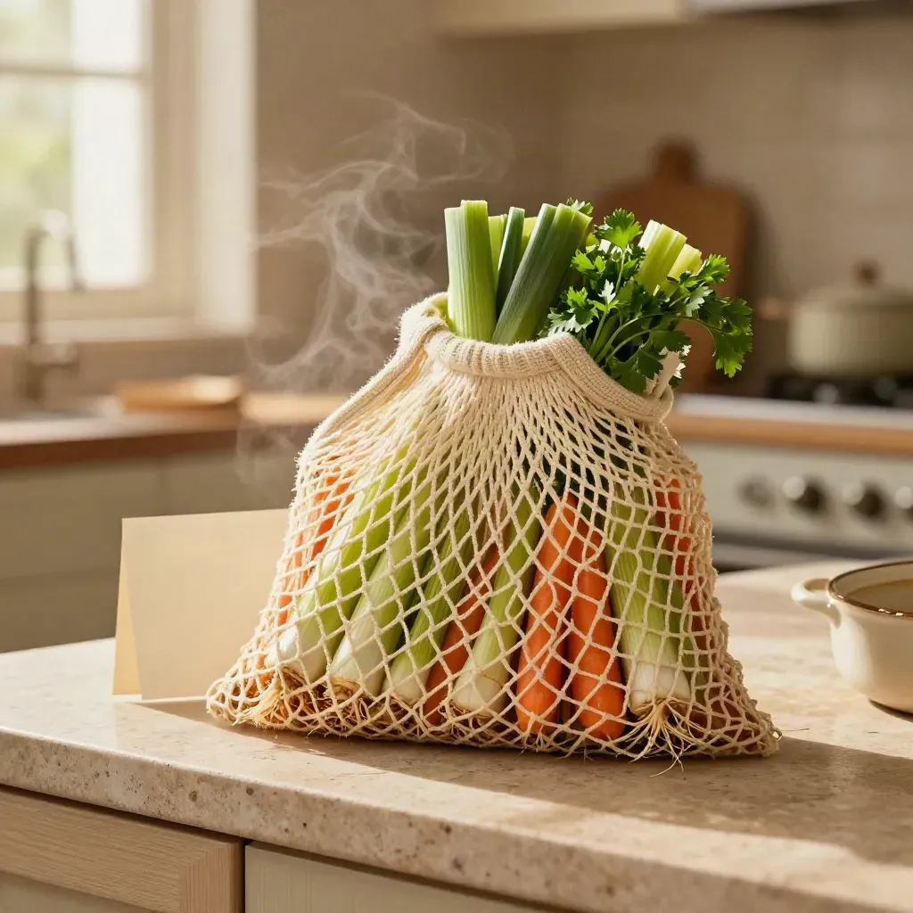 Bolsa de malla con mezcla para caldo y verduras asomando sobre una encimera cálida.
