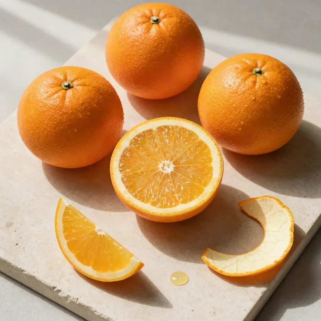 Naranjas de zumo en flatlay cenital, una mitad abierta con pulpa brillante sobre piedra clara.